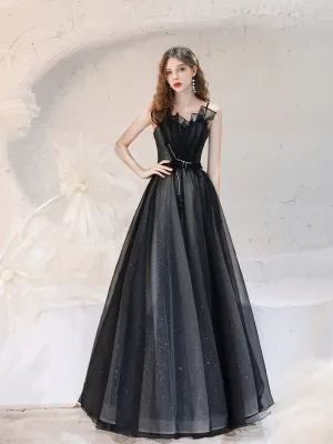 Elegant Black Sparkling Tulle Ball Gown with Ruffled Bodice