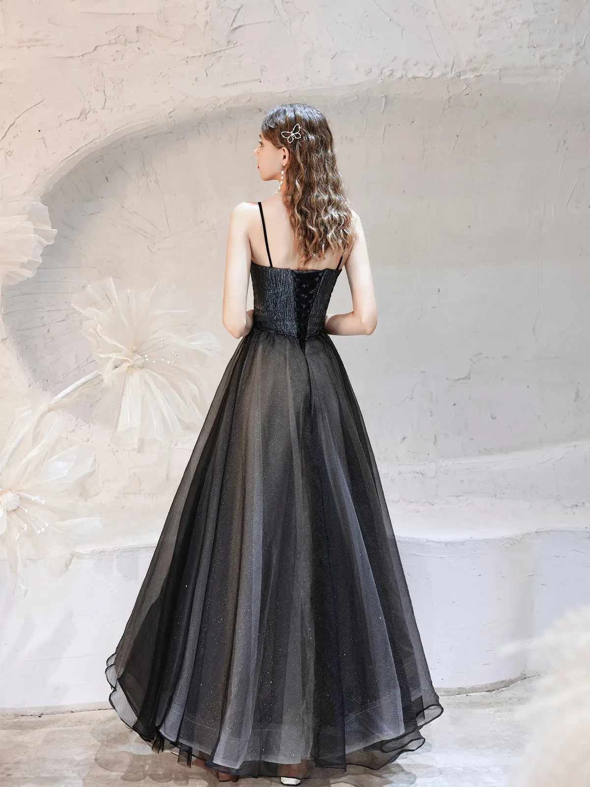 Elegant Black Sparkling Tulle Ball Gown with Ruffled Bodice