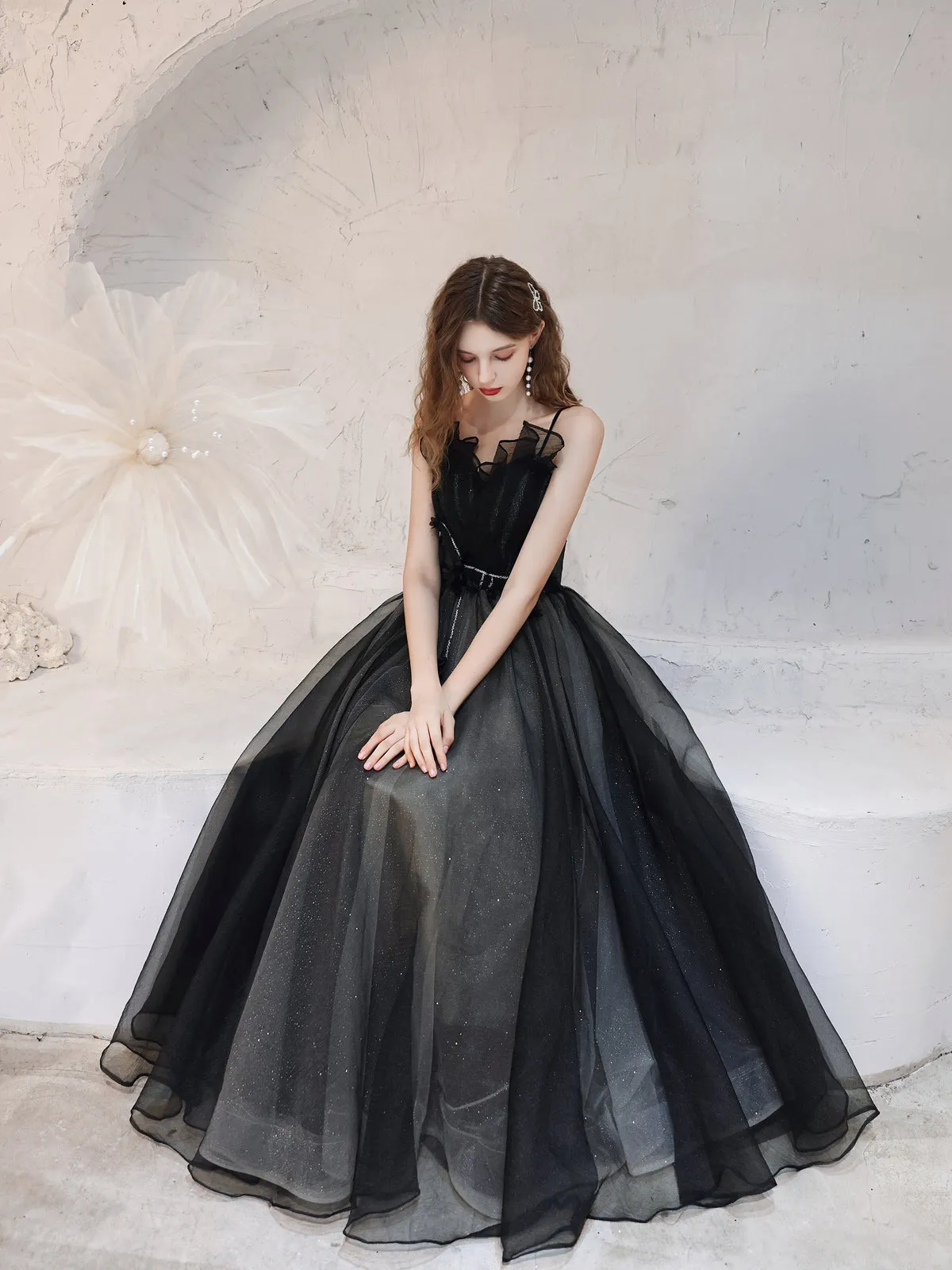 Elegant Black Sparkling Tulle Ball Gown with Ruffled Bodice