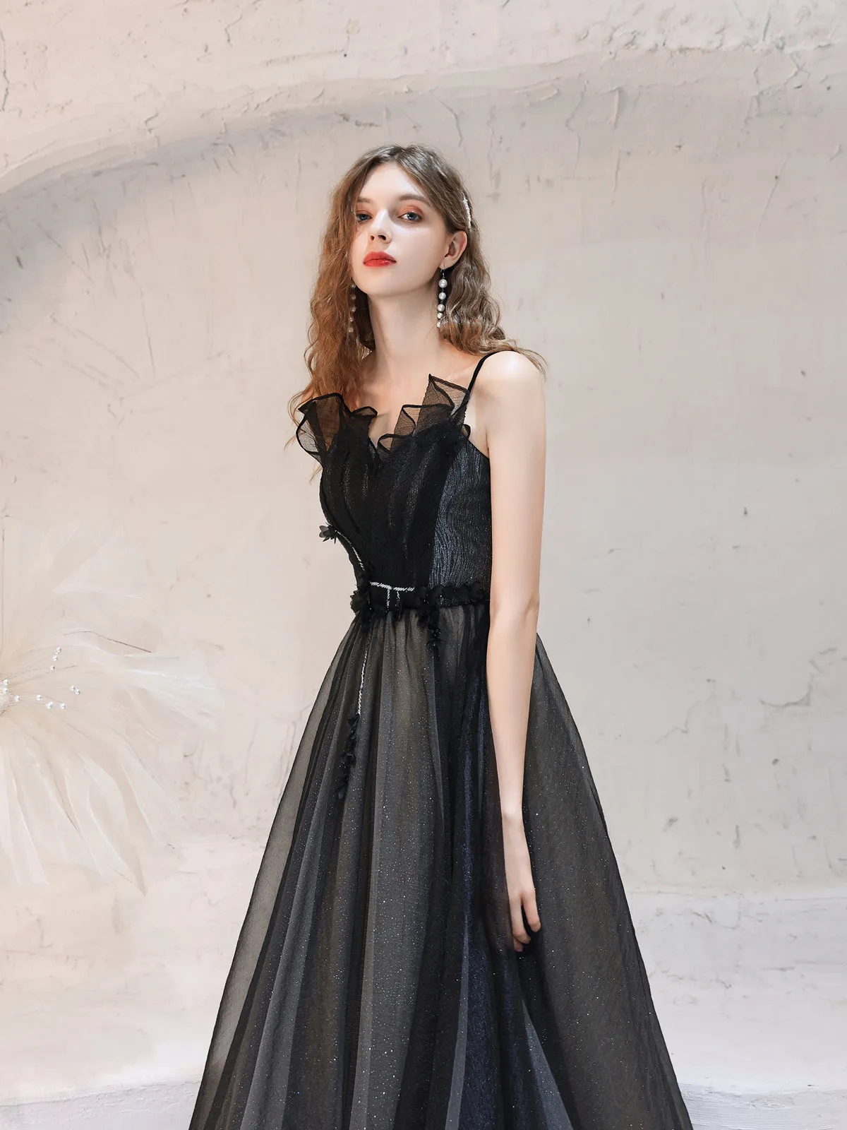 Elegant Black Sparkling Tulle Ball Gown with Ruffled Bodice