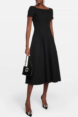 Elegant Boat Neck Short Sleeve U Back Cocktail Party Midi Dress - Black
