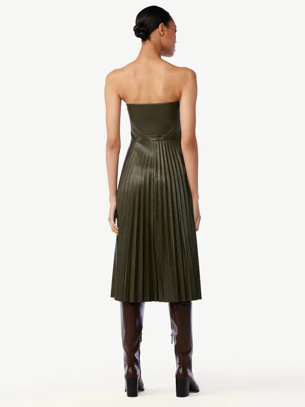 Elegant Pleated Strapless Dress in Faux Leather