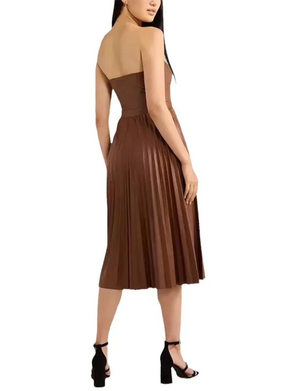 Elegant Pleated Strapless Dress in Faux Leather