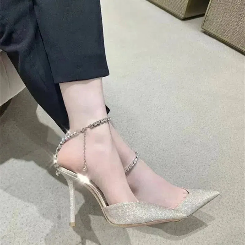 Elegant Rhinestone Chain High Heel Pumps for Summer Events