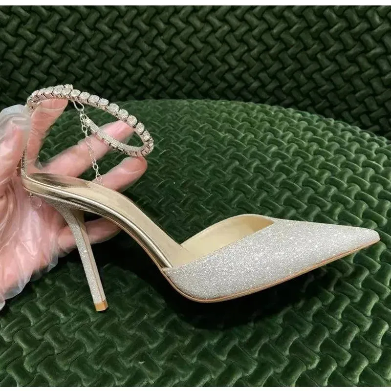 Elegant Rhinestone Chain High Heel Pumps for Summer Events