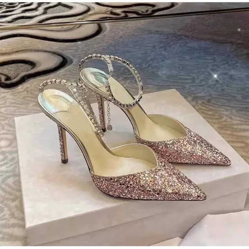 Elegant Rhinestone Chain High Heel Pumps for Summer Events