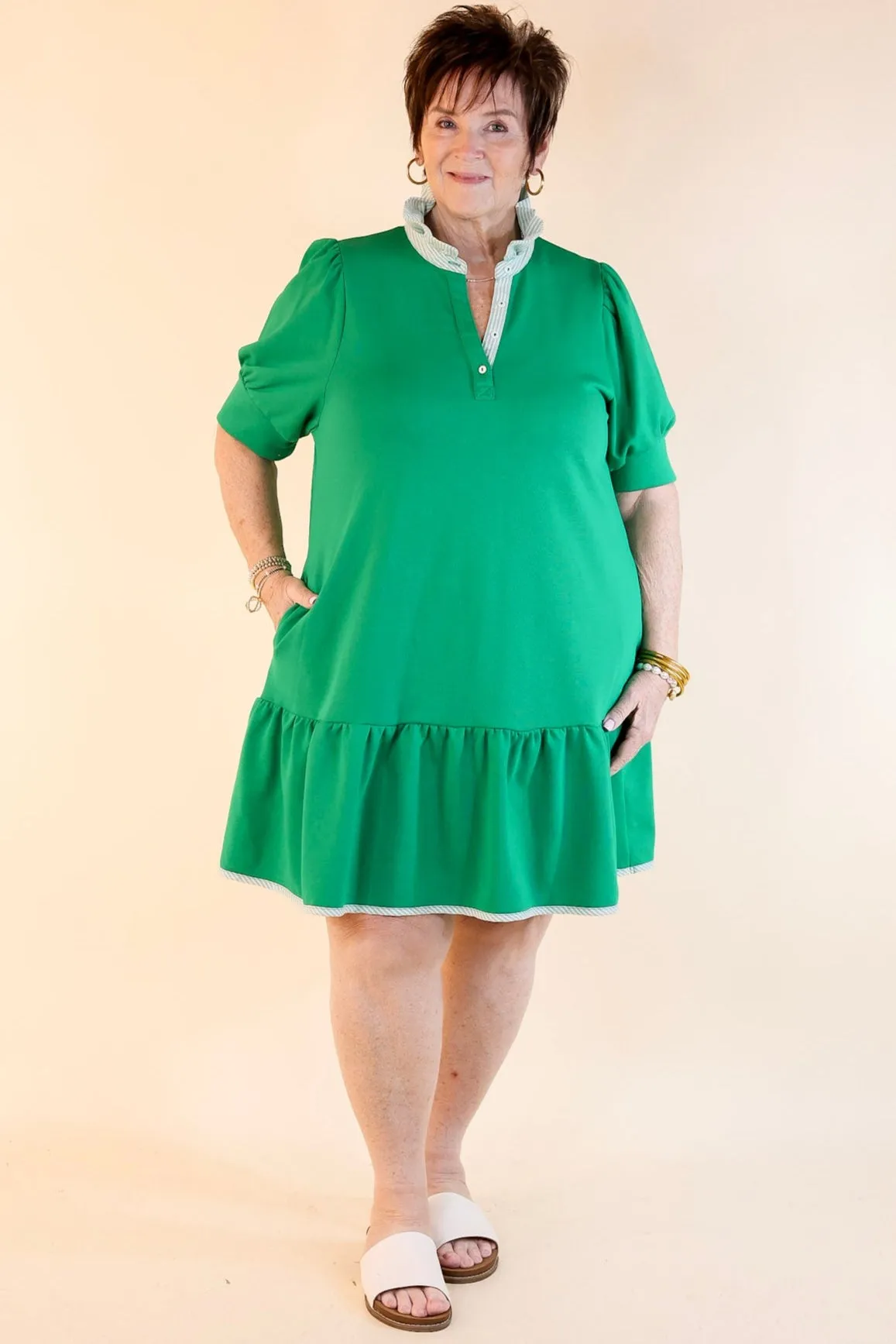 Elevated Ease Short Puff Sleeve Dress with Ruffled Collar in Kelly Green