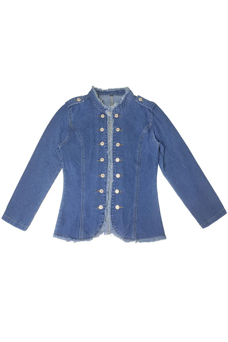 elveswallet Single-Breasted Collar Fitted Denim Jacket