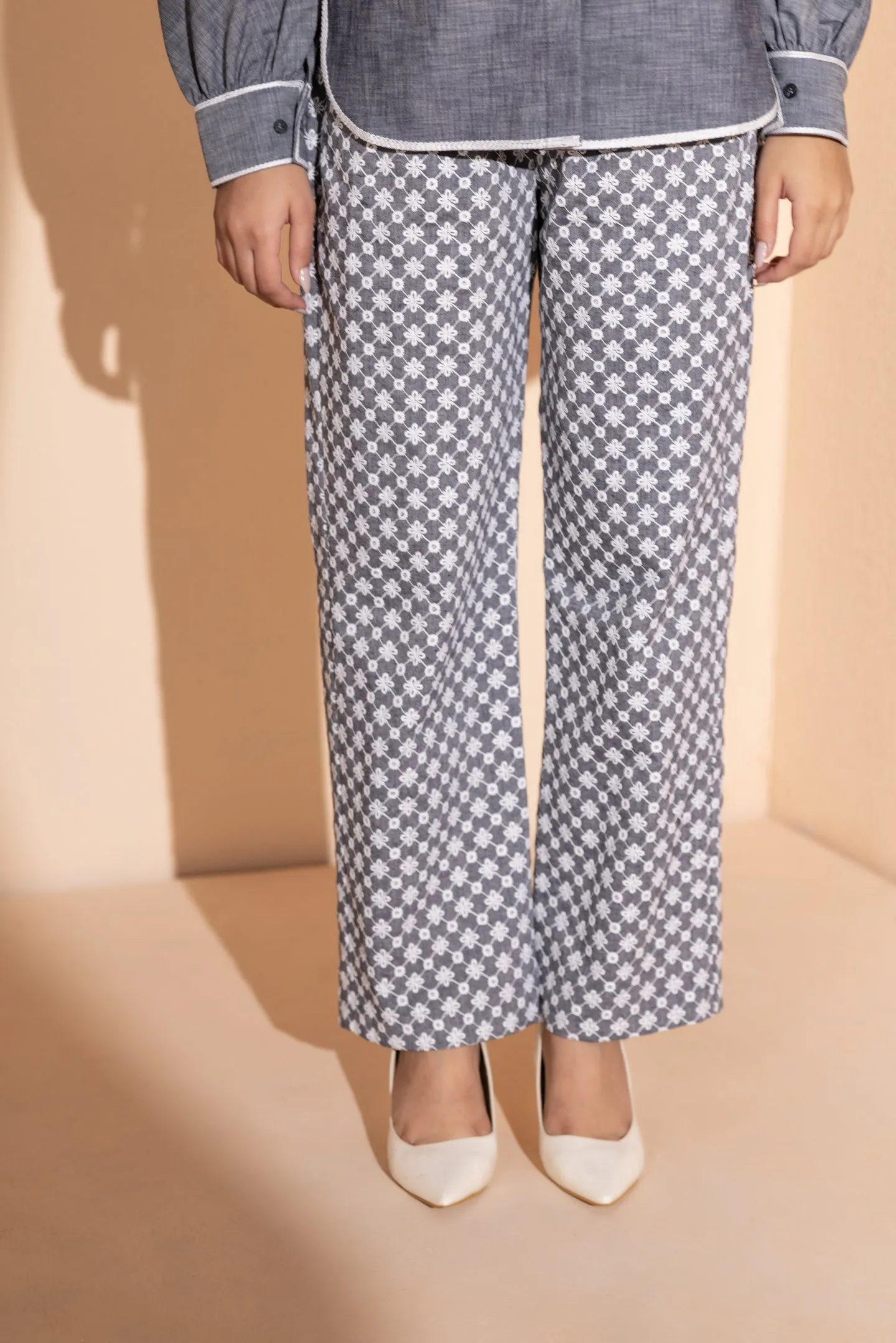 Embroidered Grey Denim Coord Set