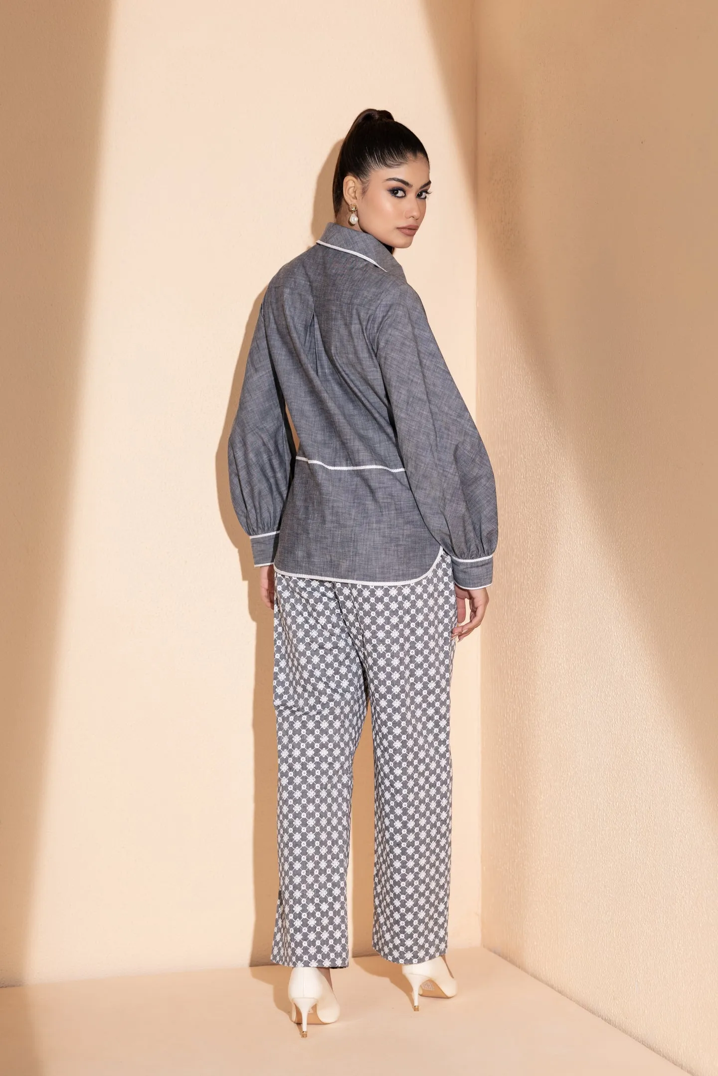 Embroidered Grey Denim Coord Set