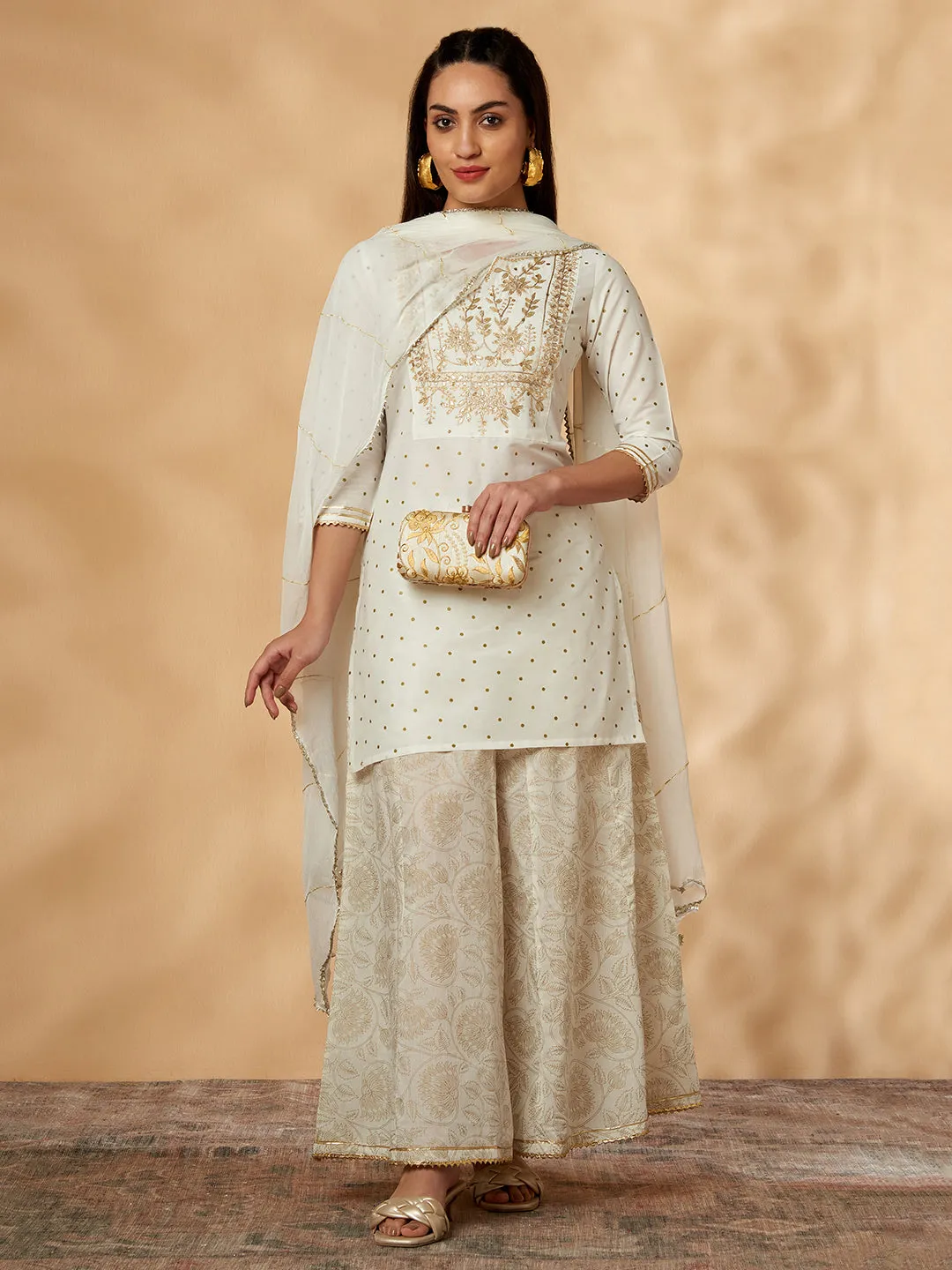 Embroidered Off-White Kurta Set