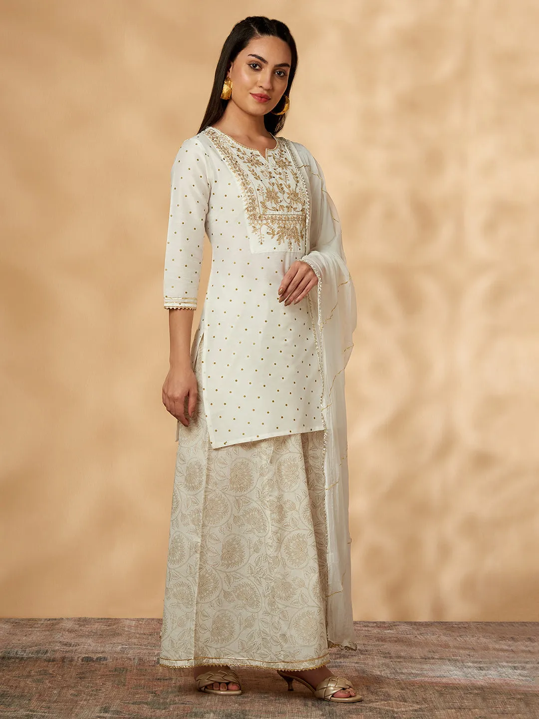 Embroidered Off-White Kurta Set