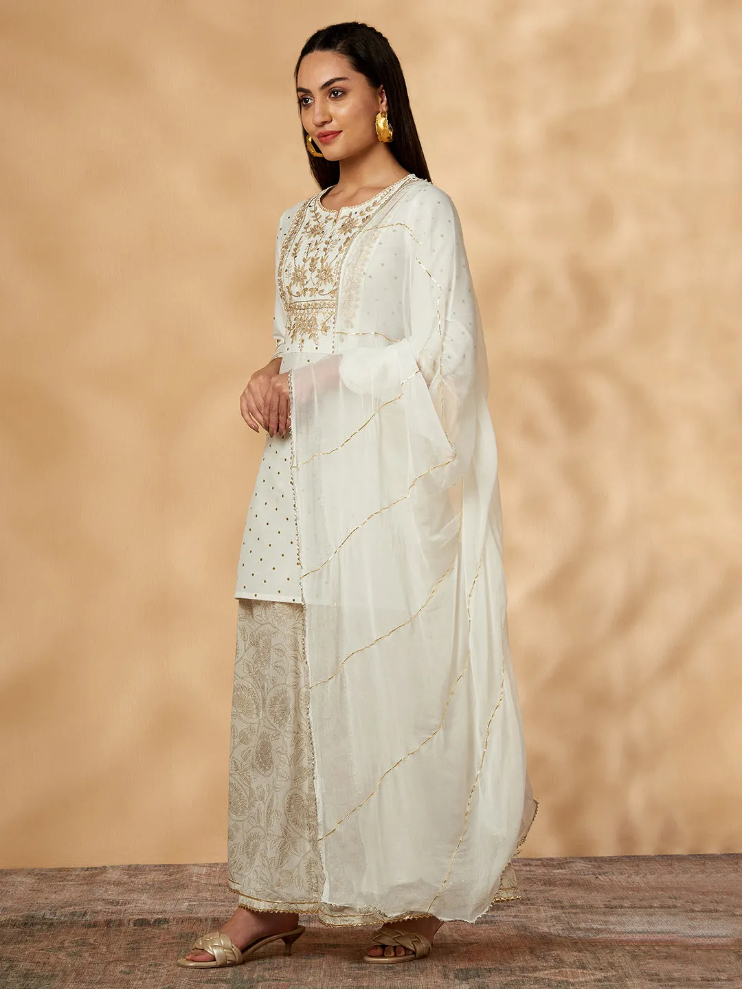 Embroidered Off-White Kurta Set