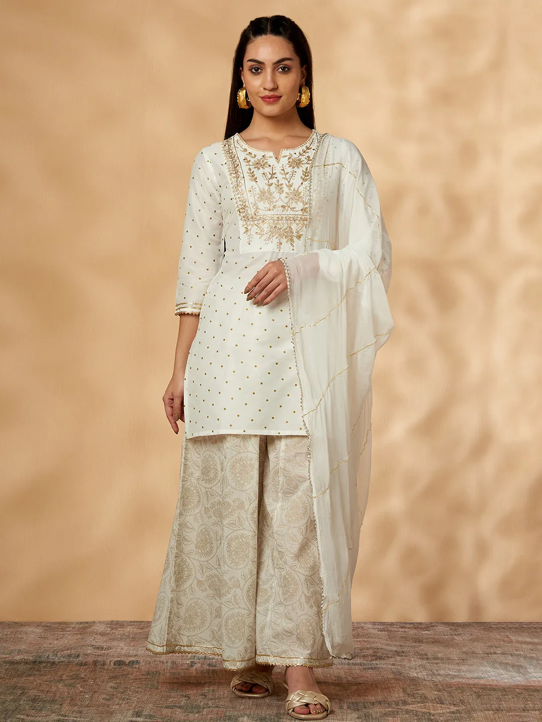 Embroidered Off-White Kurta Set