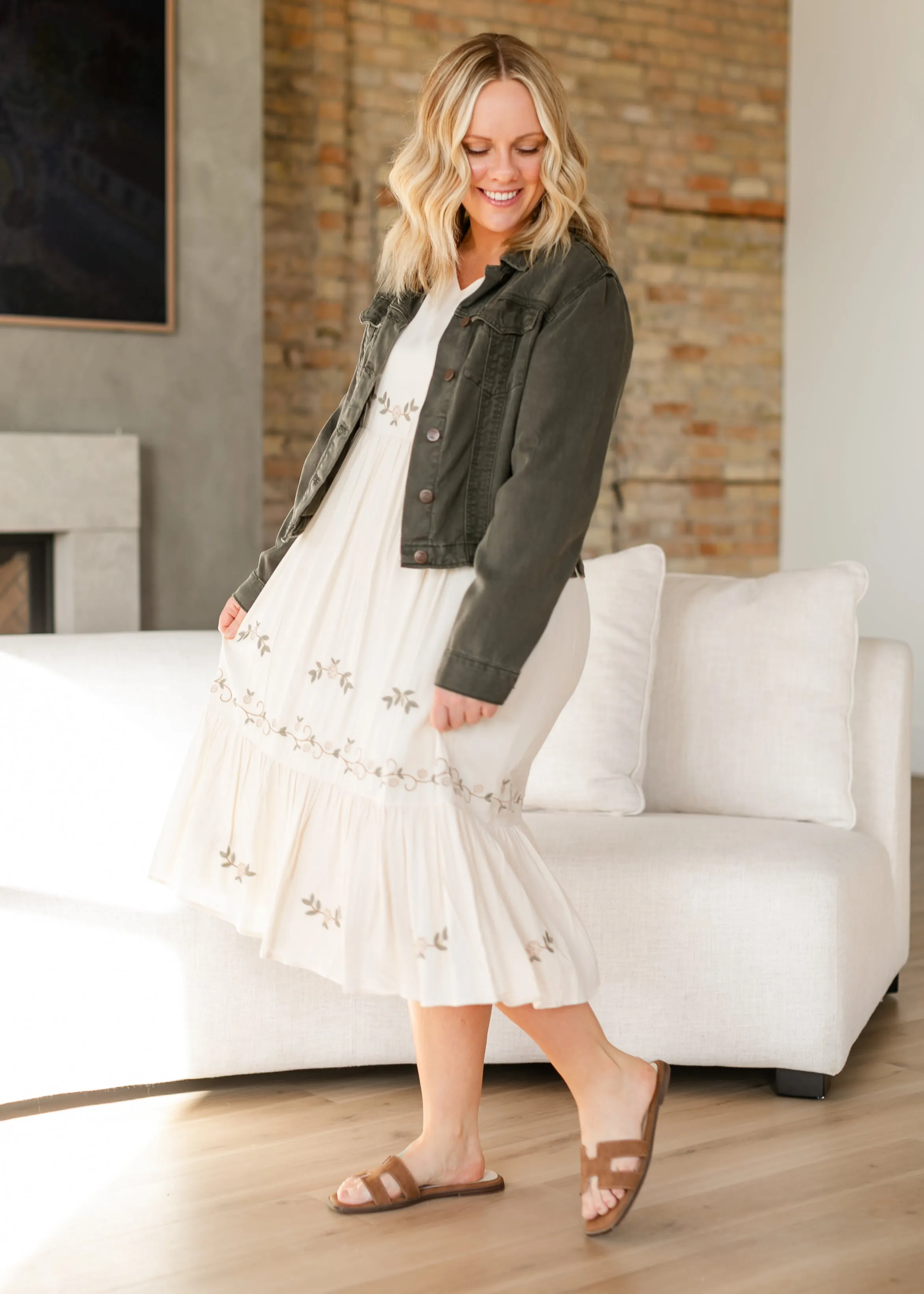 Embroidered V-neck Tiered Midi Dress