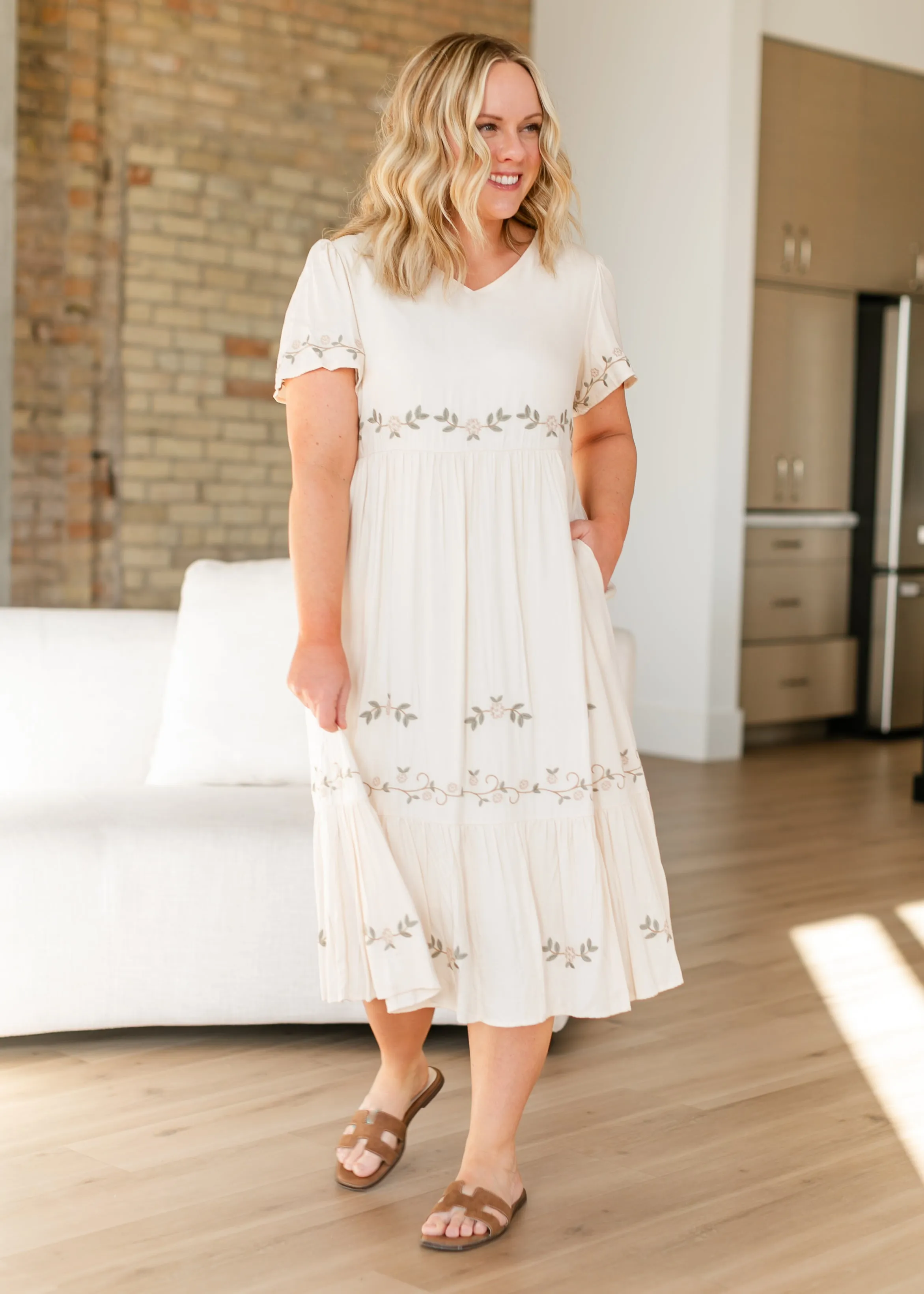 Embroidered V-neck Tiered Midi Dress