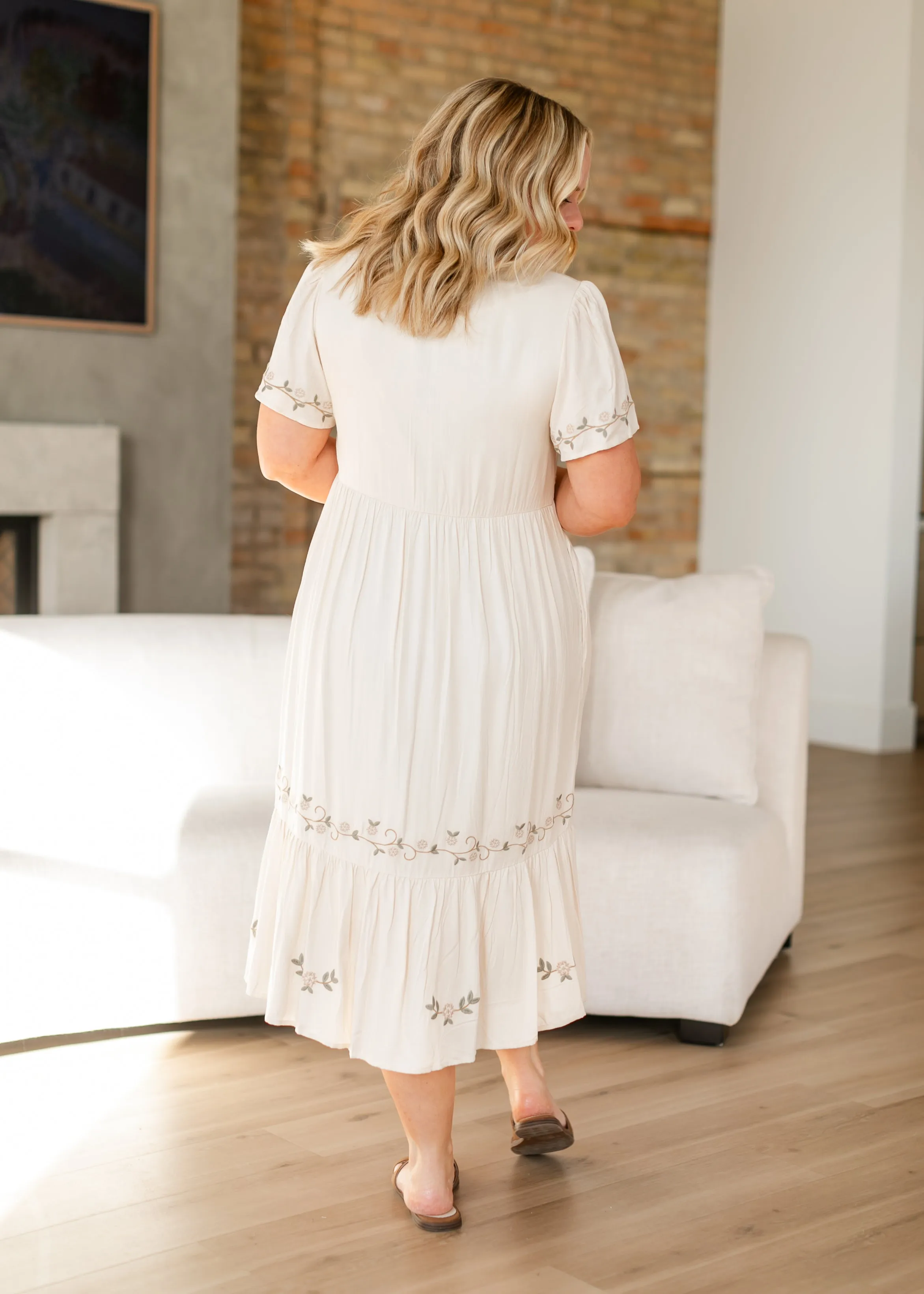 Embroidered V-neck Tiered Midi Dress