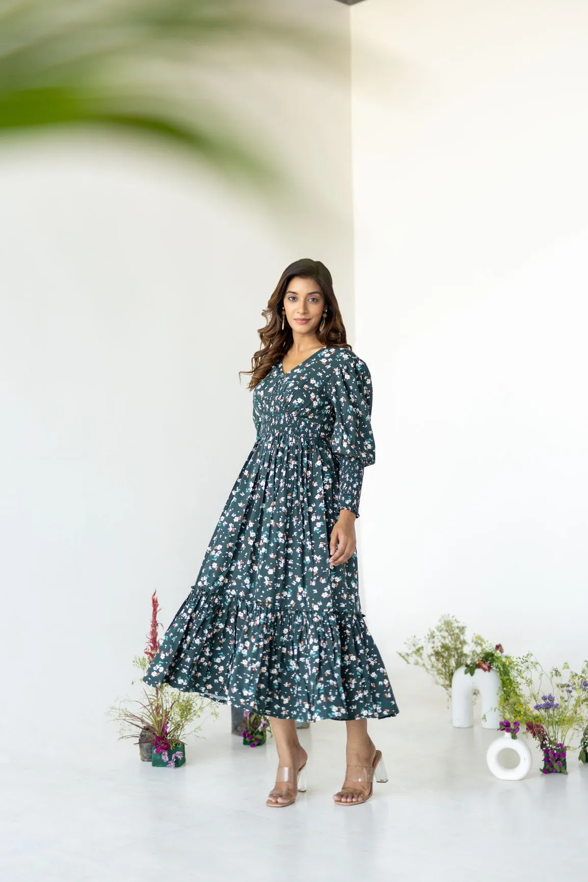 EMERALD GREEN FLORAL SMOCKED MAXI