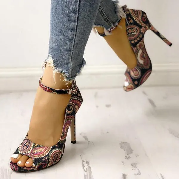 Ethnic Print Ankle Strap High Heels