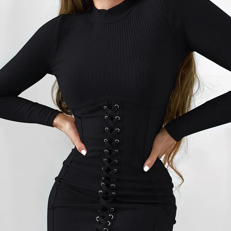 Fashion Patchwork Lace Up Bodycon Black Dress / Women's Long Sleeve Mini Dress