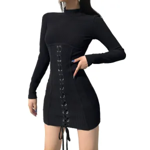 Fashion Patchwork Lace Up Bodycon Black Dress / Women's Long Sleeve Mini Dress