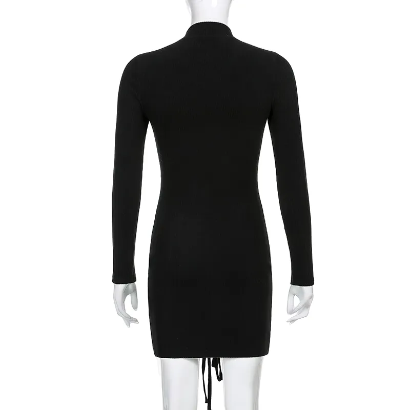 Fashion Patchwork Lace Up Bodycon Black Dress / Women's Long Sleeve Mini Dress