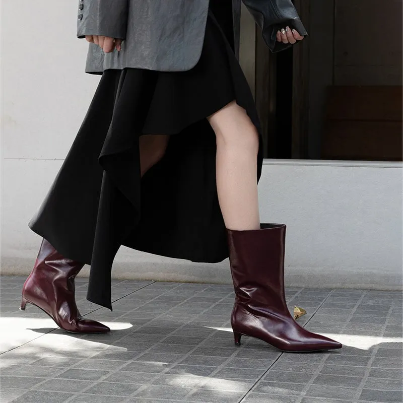 Fashion Point Toe Mid Calf Boots Low Kitten Heel Boots Slimming Boots