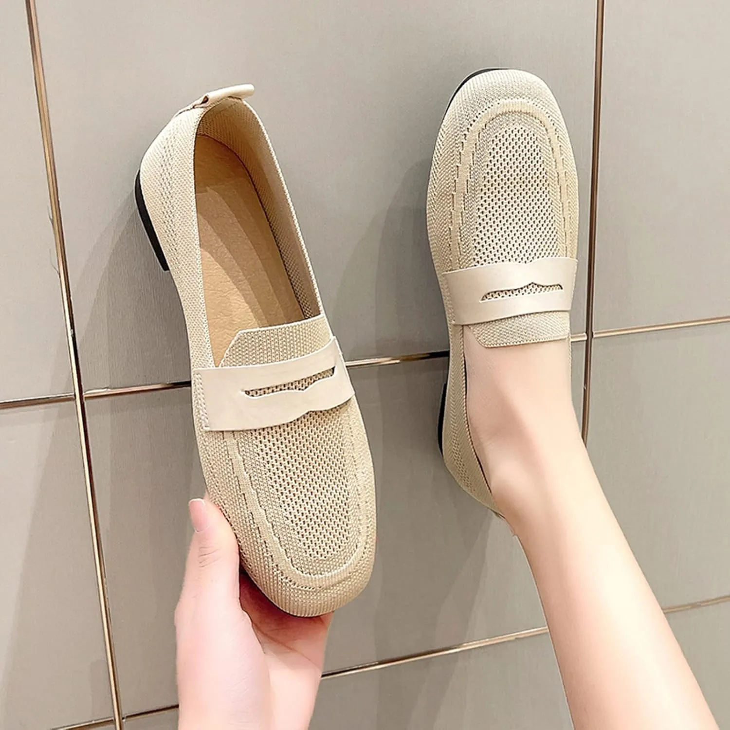 Fashion Spring And Summer Women Casual Shoes Solid Color Flat Bottom Round Toe Flying Woven Mesh Breathable High