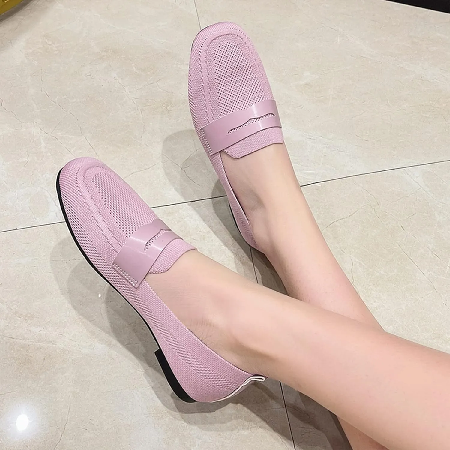 Fashion Spring And Summer Women Casual Shoes Solid Color Flat Bottom Round Toe Flying Woven Mesh Breathable High