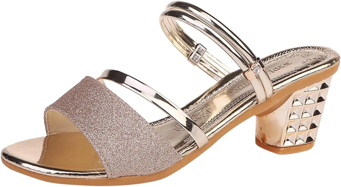Fashion Summer Women Sandals Shiny Rhinestone Strap Middle Heel Chunky Heel Open Toe Sandals Sketches Women