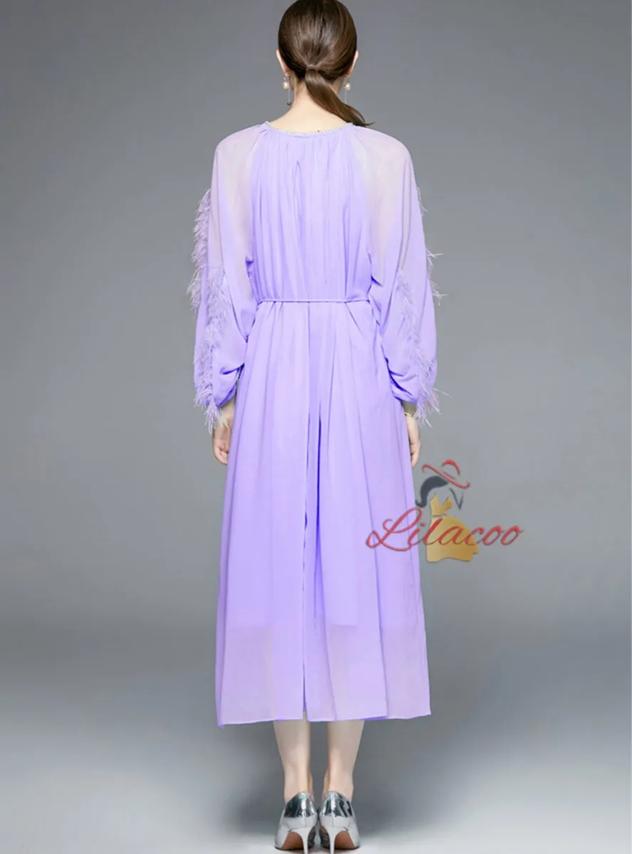 Feather Short Sleeve Fringed Dress