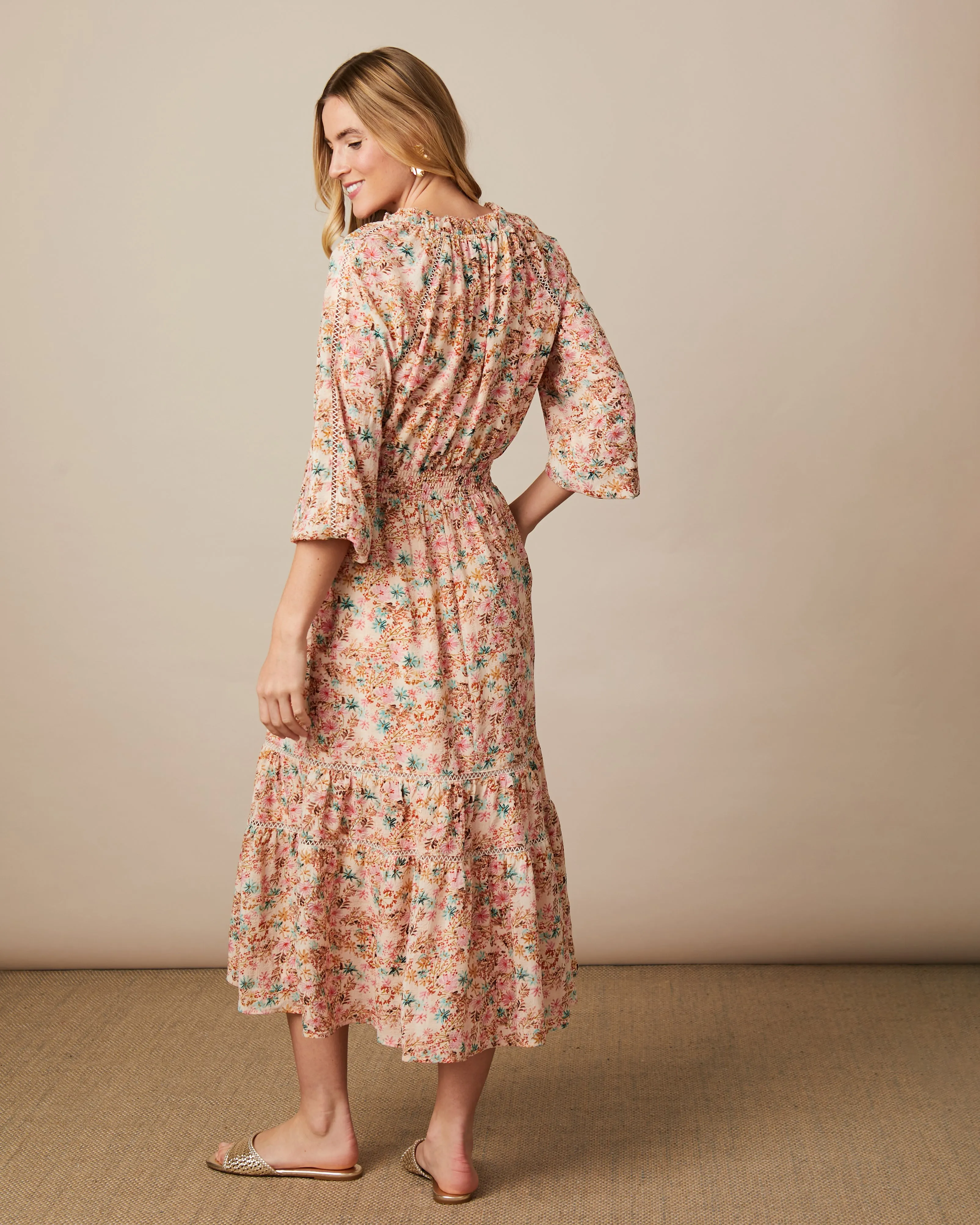 Fee G Edwina Long Multicolour Print Tiered Dress With Tassel Detail