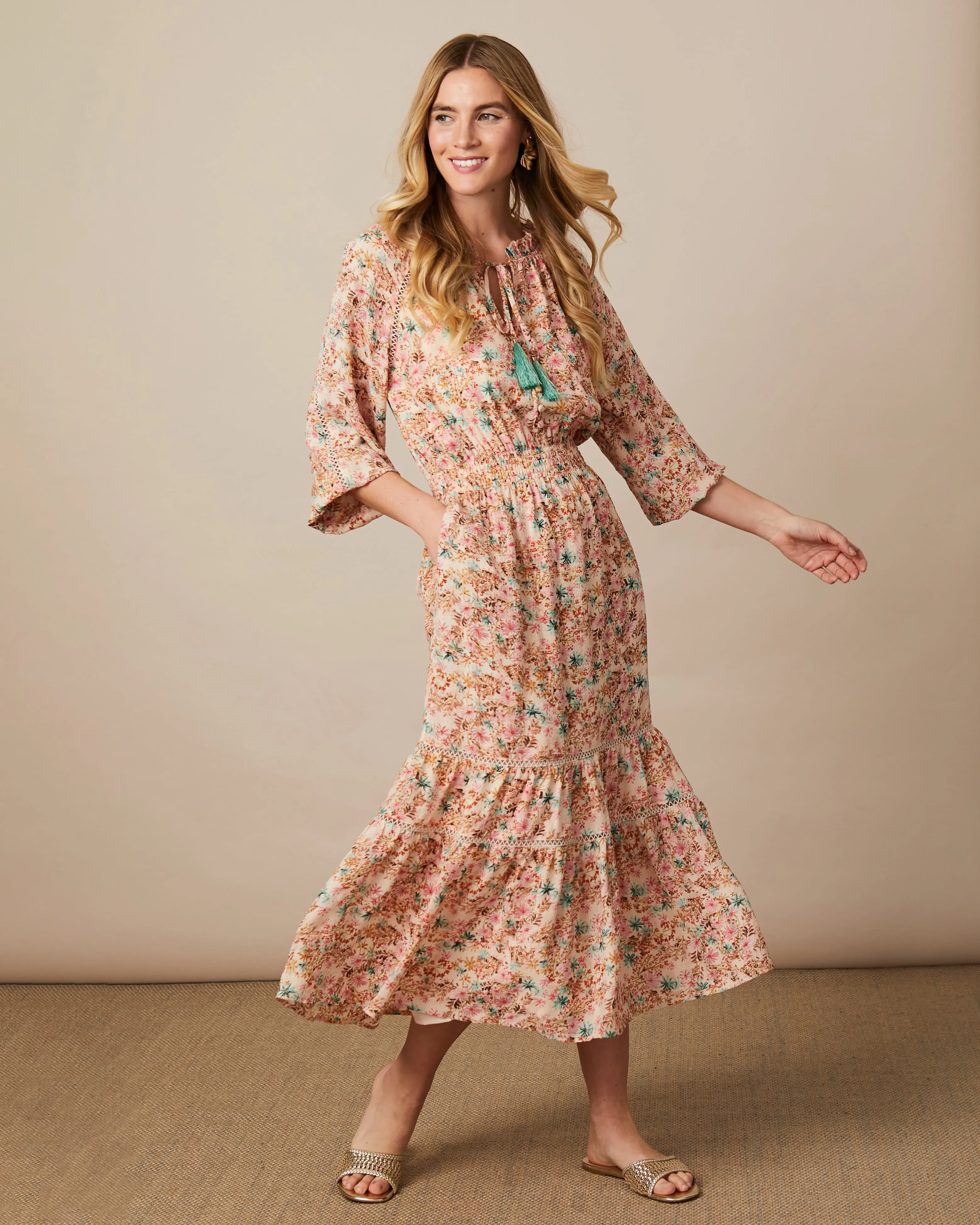 Fee G Edwina Long Multicolour Print Tiered Dress With Tassel Detail