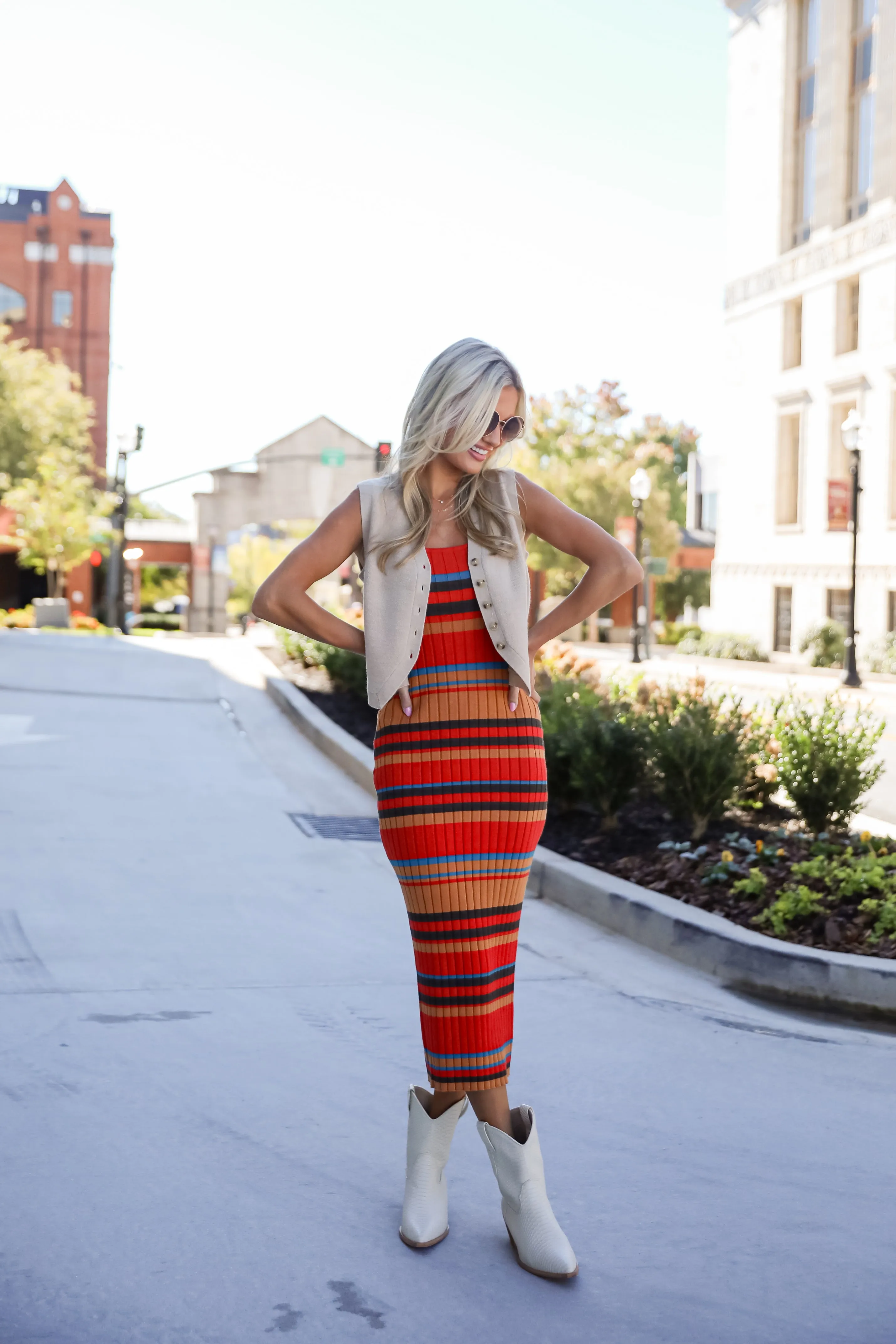 FINAL SALE - Adorable Intentions Taupe Striped Knit Midi Dress