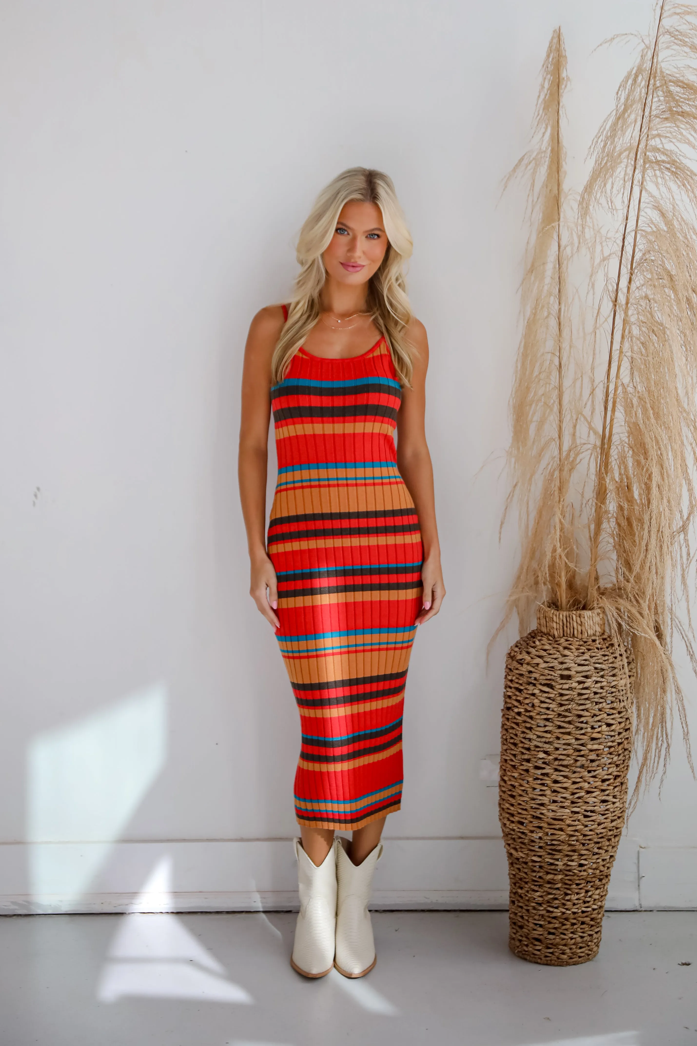 FINAL SALE - Adorable Intentions Taupe Striped Knit Midi Dress