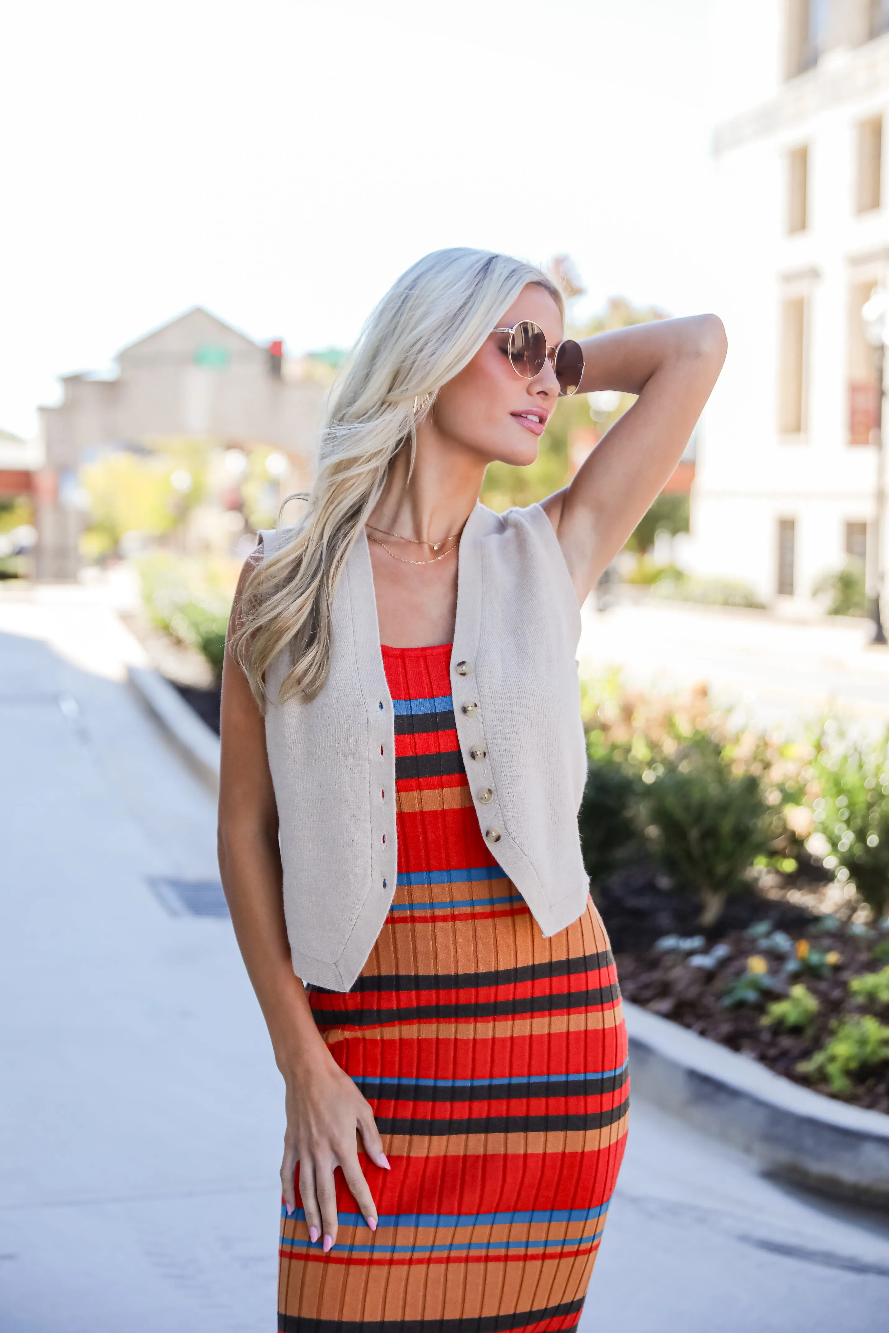 FINAL SALE - Adorable Intentions Taupe Striped Knit Midi Dress