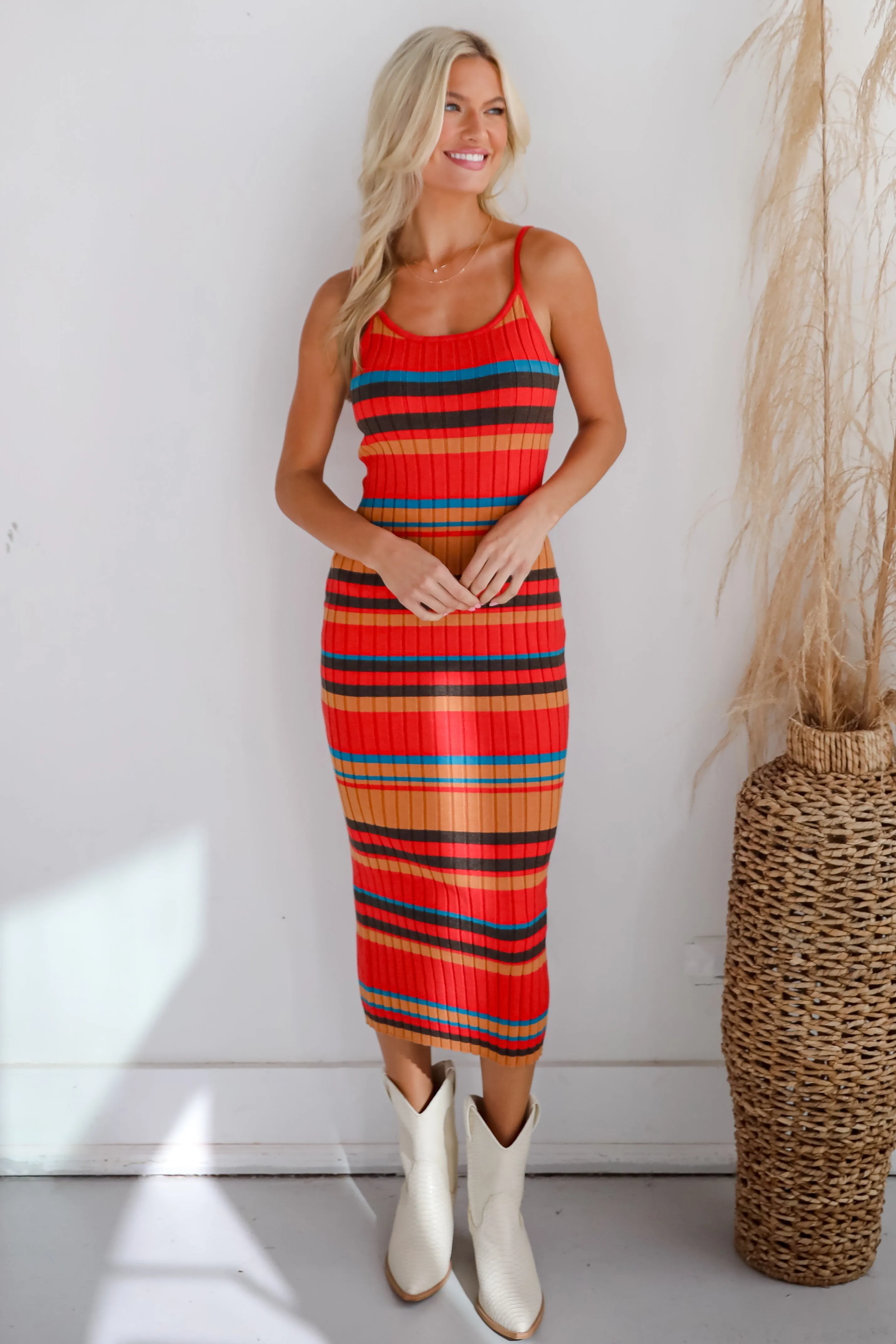 FINAL SALE - Adorable Intentions Taupe Striped Knit Midi Dress