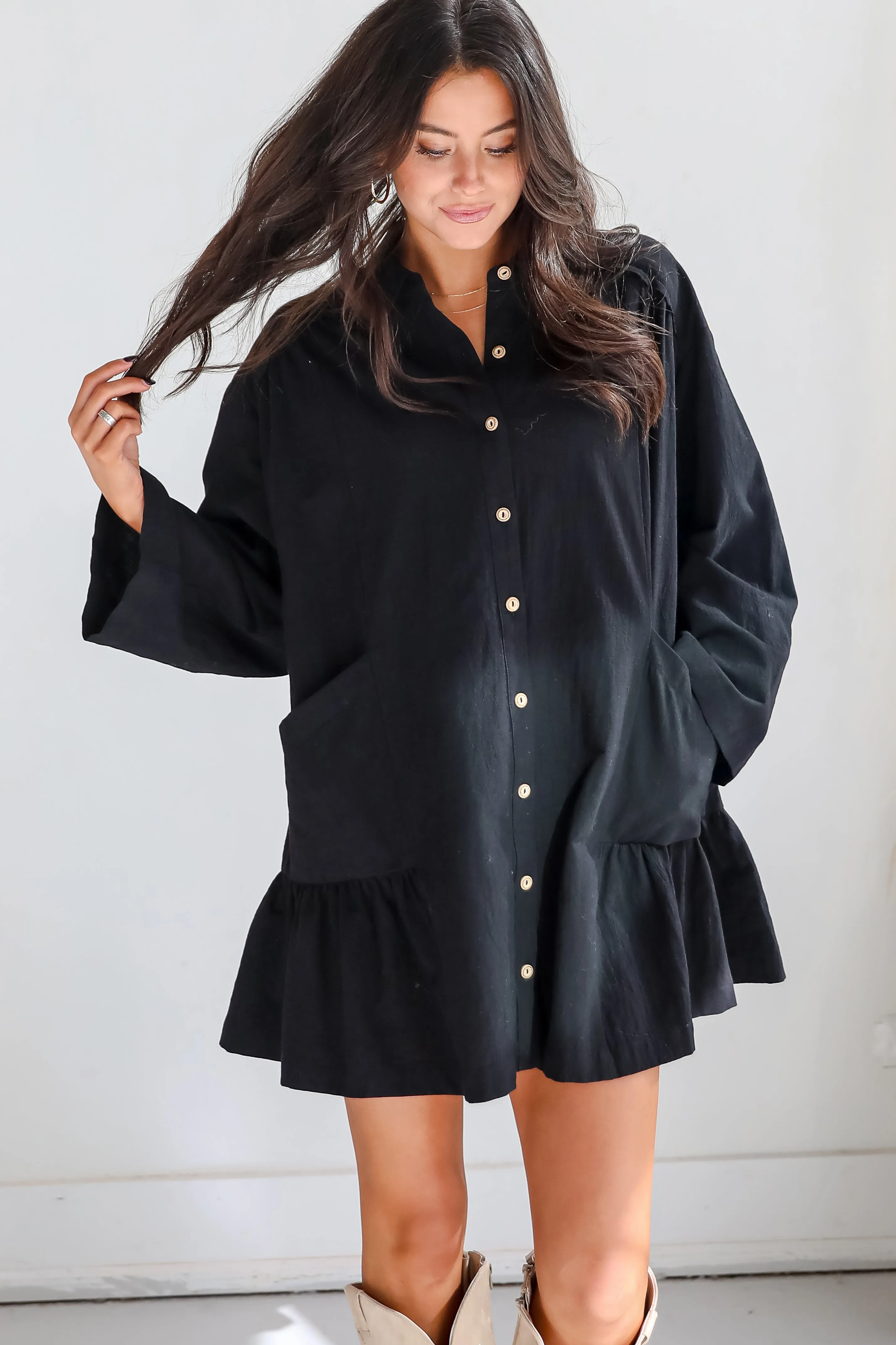 FINAL SALE - Instant Crush Black Button Front Mini Dress