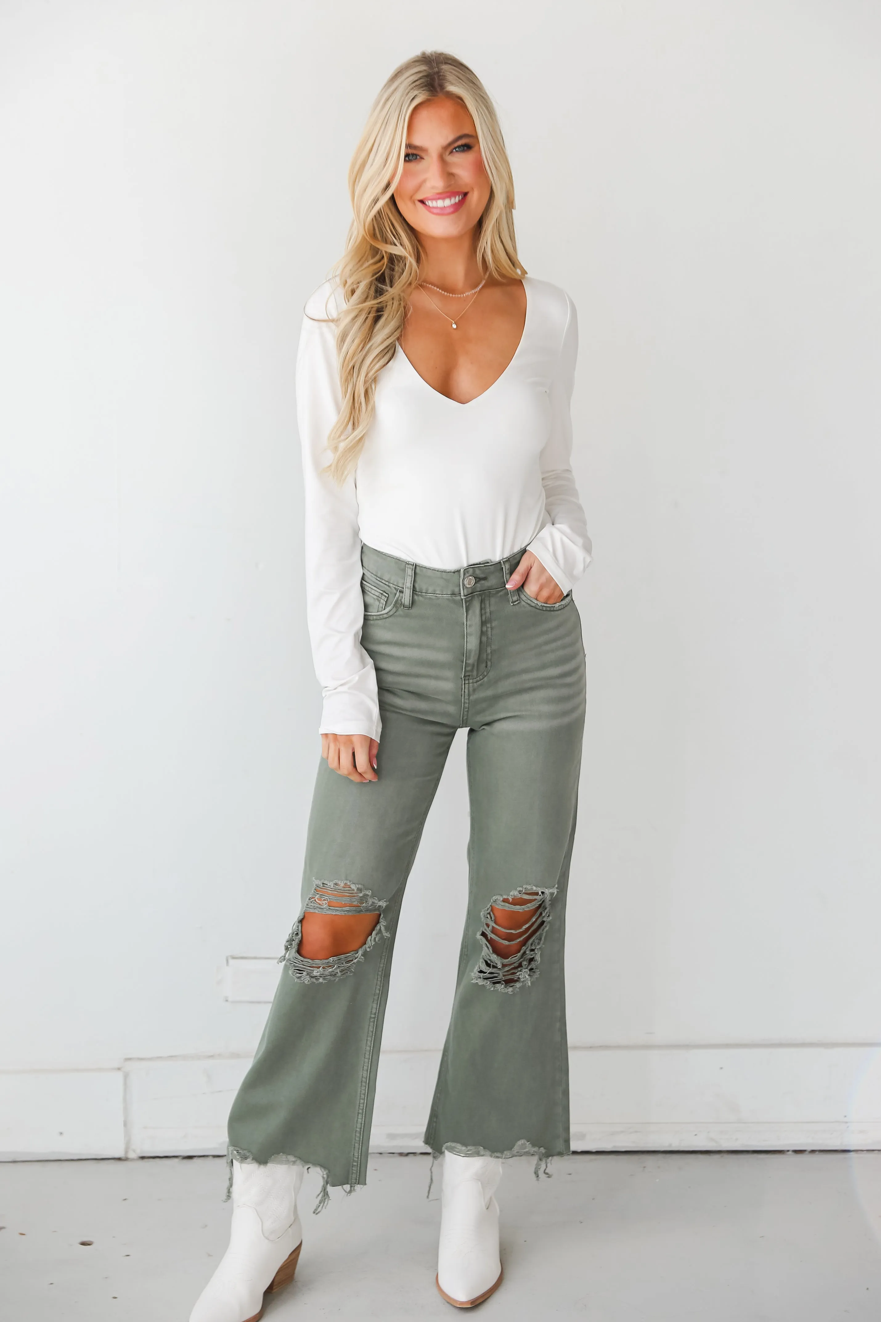 FINAL SALE - Leslie Army Green 90s Vintage Crop Flare Jeans