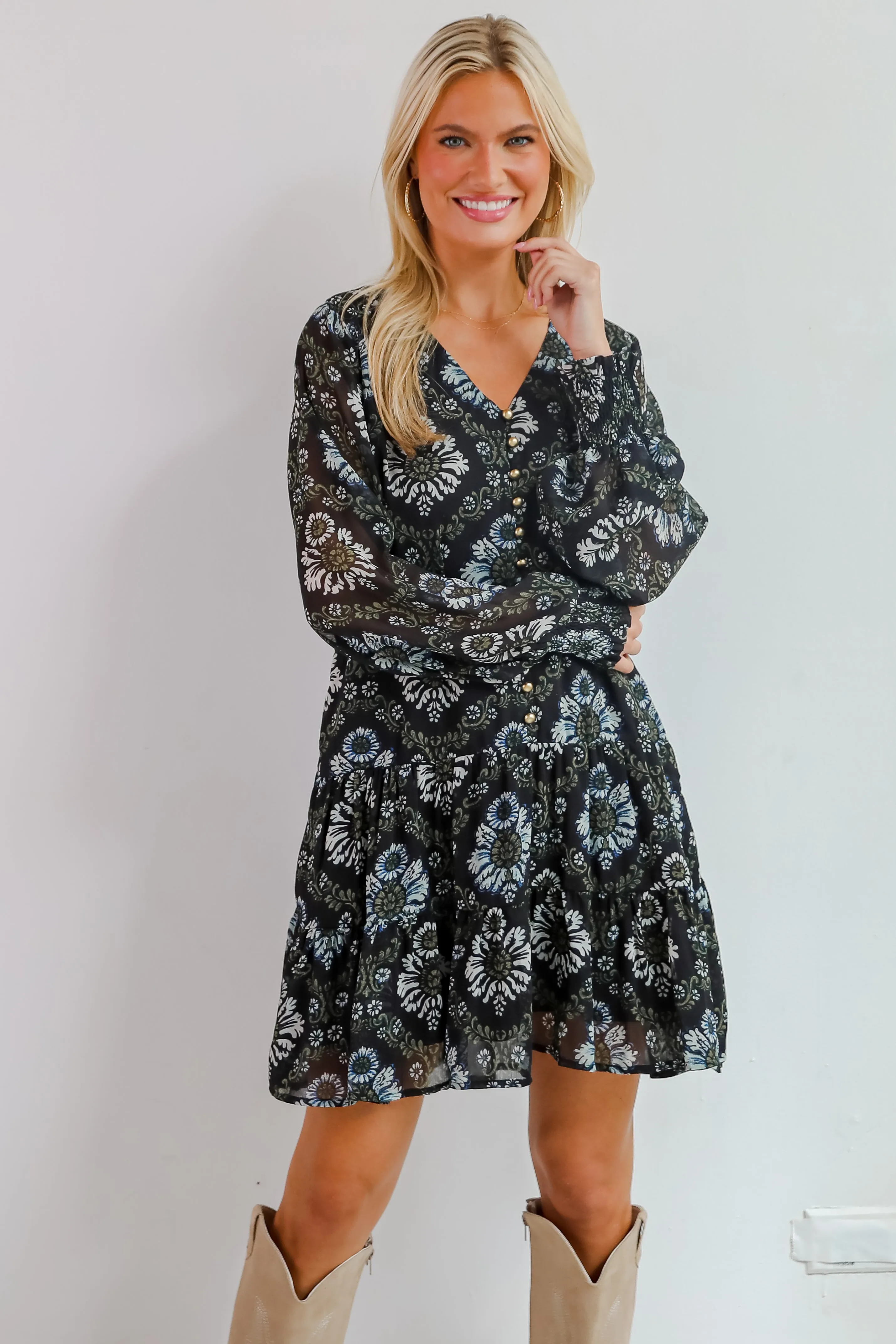 FINAL SALE - Set To Charm Black Floral Mini Dress