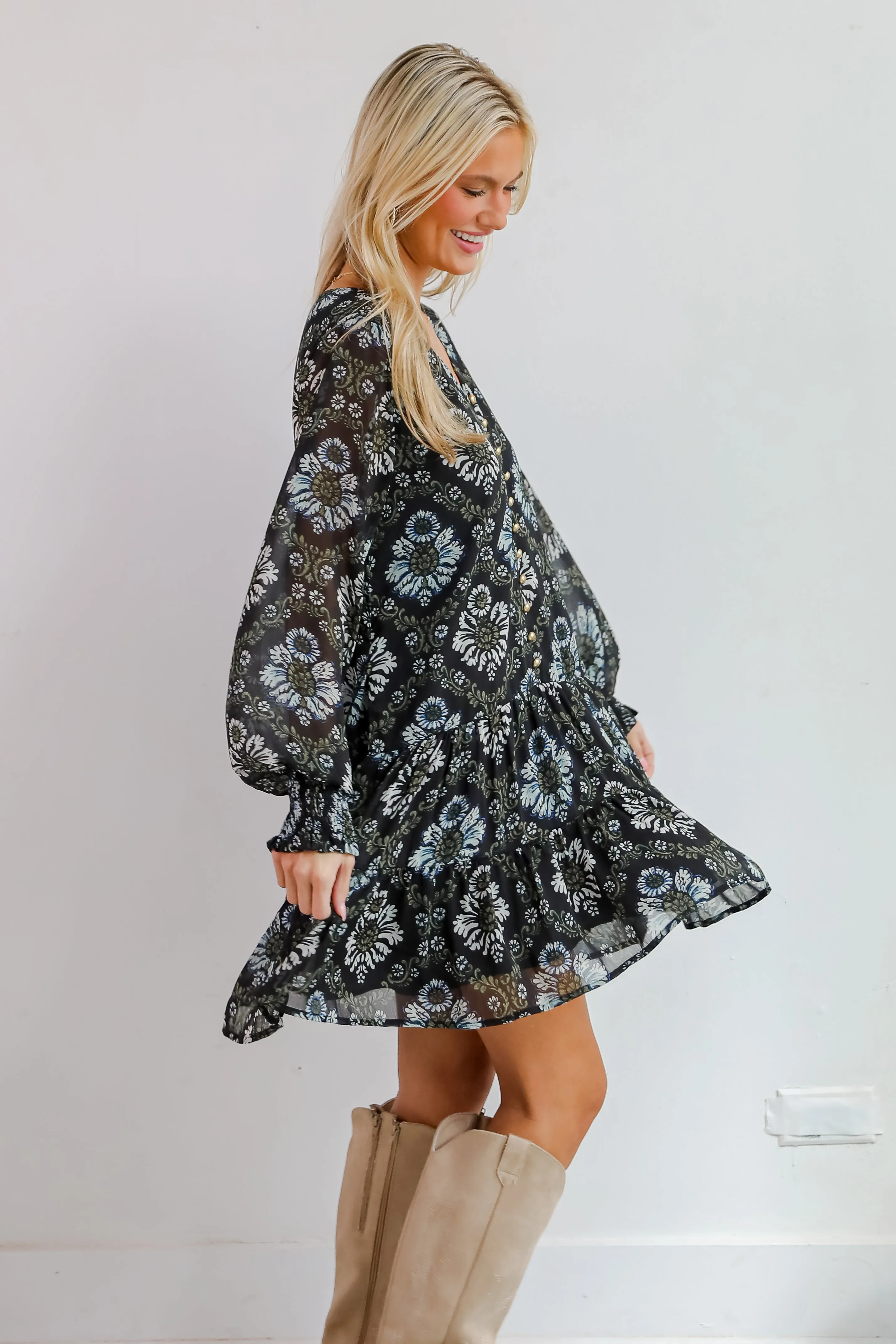 FINAL SALE - Set To Charm Black Floral Mini Dress