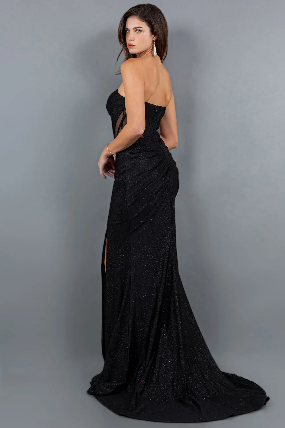 Fitted Glitter Strapless Slit Gown by Cinderella Couture 8094J