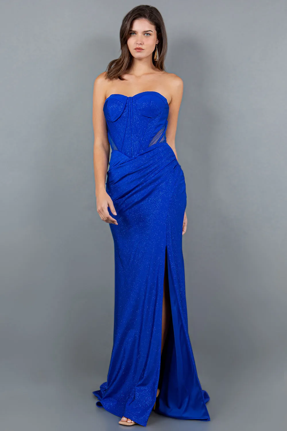 Fitted Glitter Strapless Slit Gown by Cinderella Couture 8094J