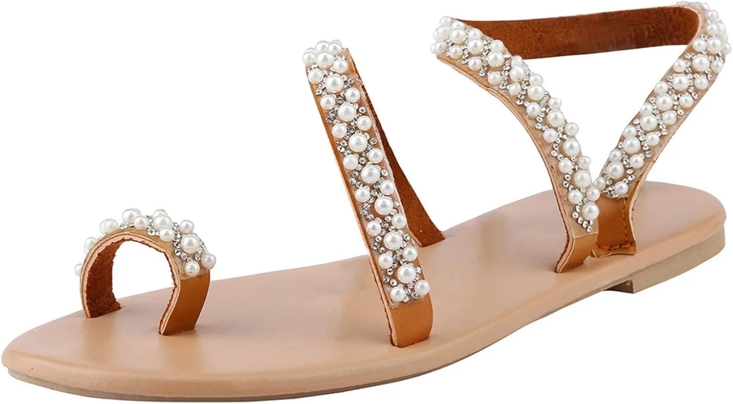 Flat Sandals for Women Dressy Summer Beaded Flip-Flop Bohemia Bling Rhinestone Thong Sandals Roman Shoes with Ankle Strap