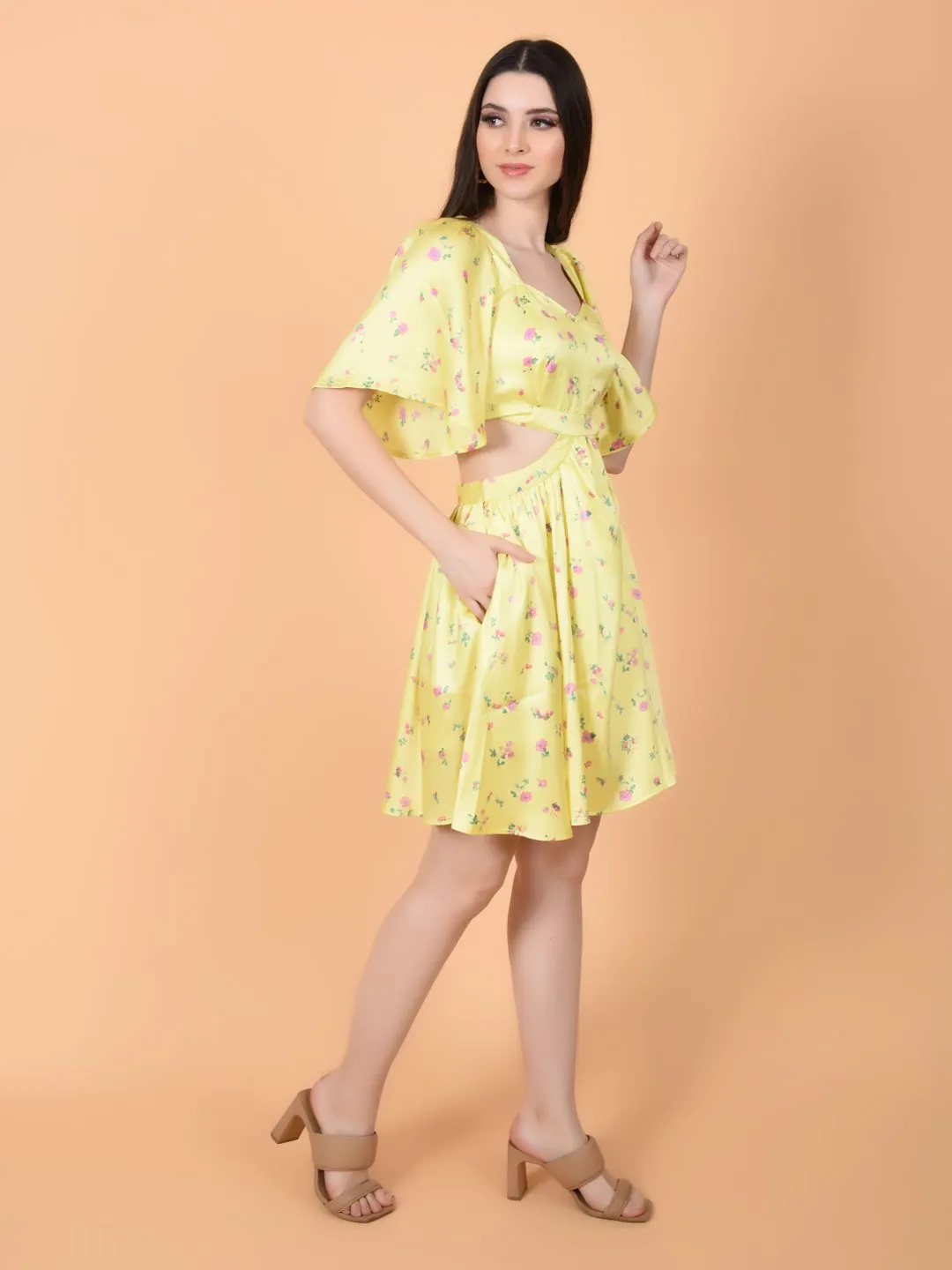 Flawless Women Yellow Mini Dress in Luxurious Satin | ALAN
