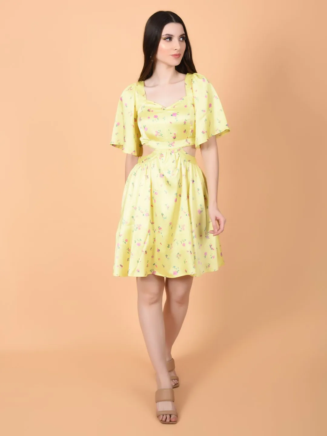 Flawless Women Yellow Mini Dress in Luxurious Satin | ALAN