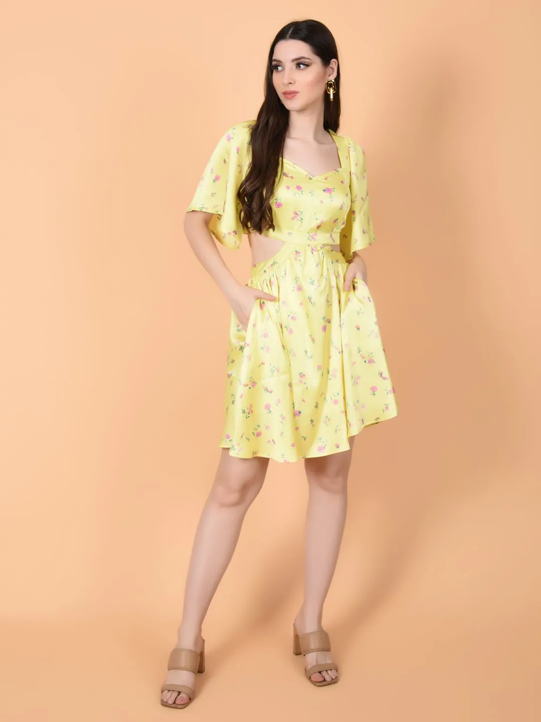 Flawless Women Yellow Mini Dress in Luxurious Satin | ALAN