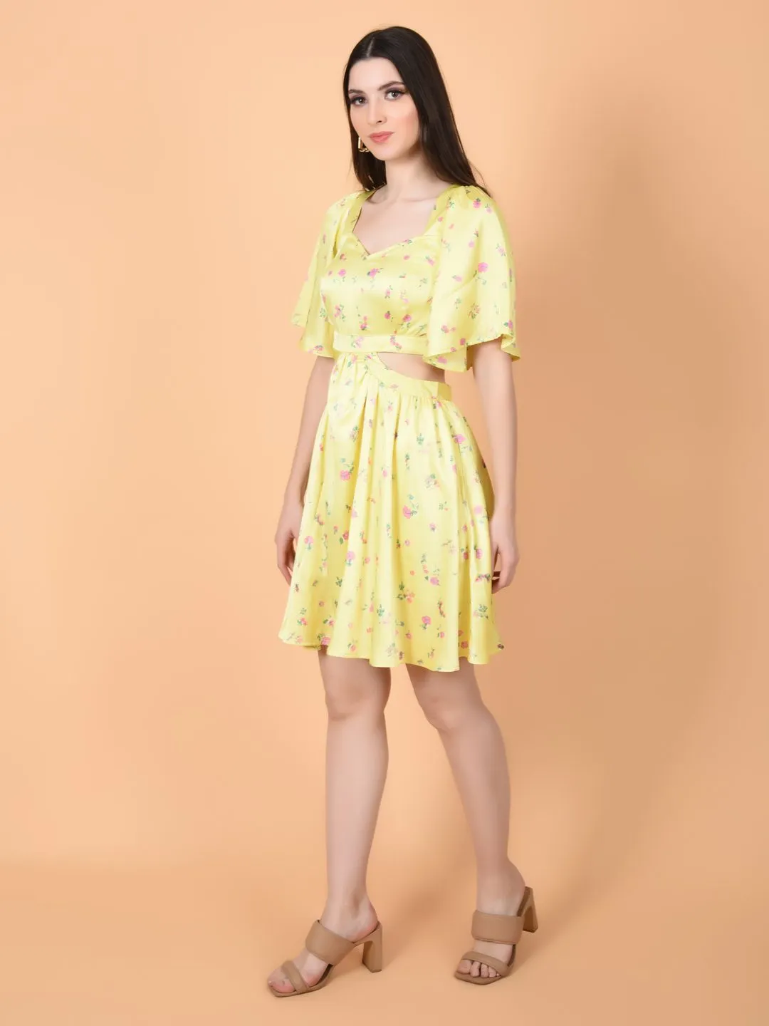 Flawless Women Yellow Mini Dress in Luxurious Satin | ALAN