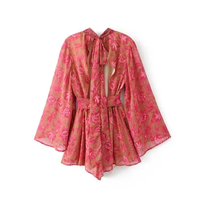 Floral Backless Romper - Chiffon Belted Jumpsuit