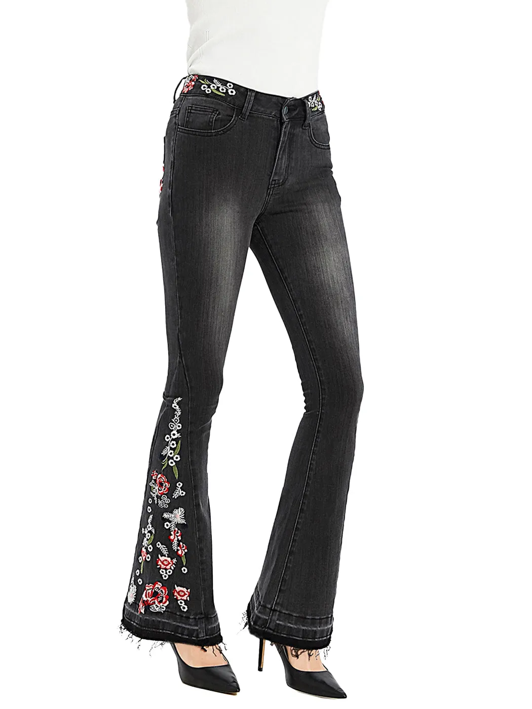 Floral Daisy Embroidered Mid Rise Bell Bottom Jeans